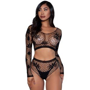 Wide Net Floral Cami Crop Top and Booty Shorts Set Black